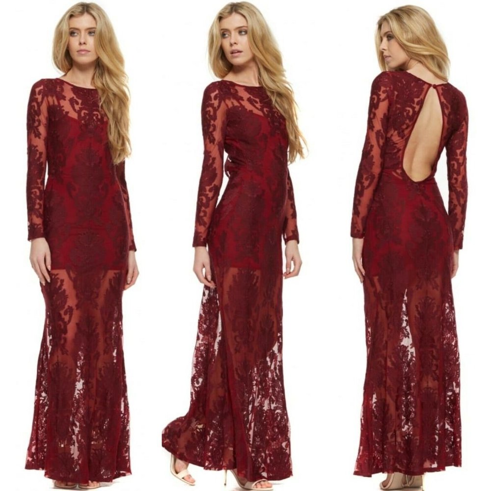 For Love And Lemons Burgundy Lace Maxi Dress